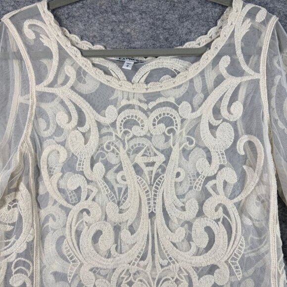 EXPRESS Cream Embroidered Mesh Y2K 2000s Cotton Babydoll Blouse Top Size Medium - Picture 2 of 13